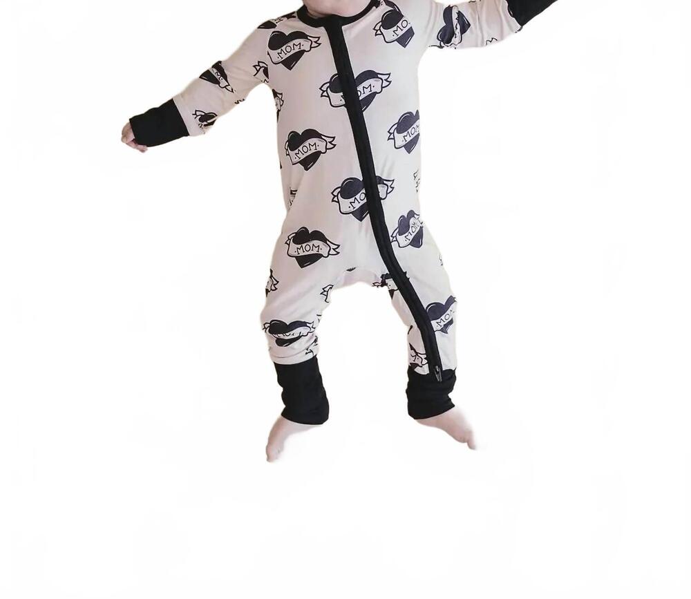 NEW LUCKY PANDA KIDS mom tattoo zip romper in black white